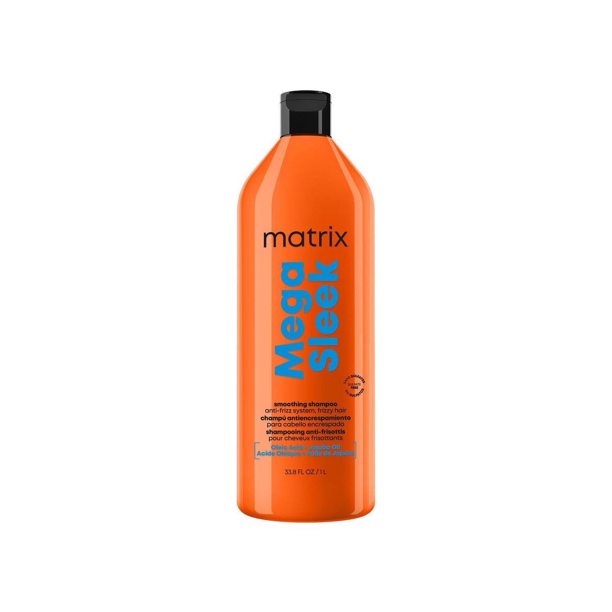 MATRIX front bottle showing Mega Sleek shampoo, sleek packaging and salon benefit