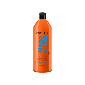 MATRIX front bottle showing Mega Sleek shampoo, sleek packaging and salon benefit