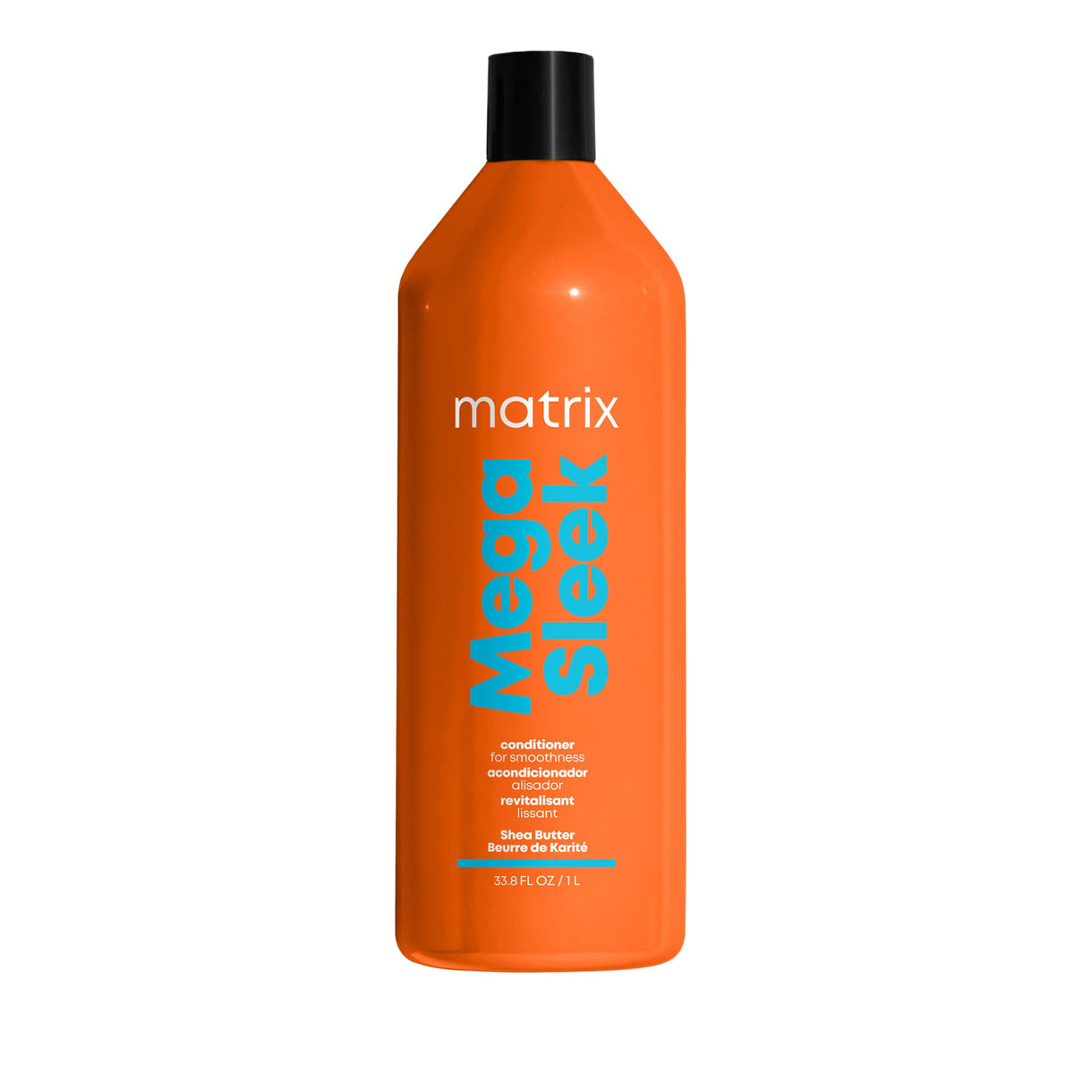 MATRIX front packaging of Mega Sleek conditioner shows professional salon bottle and volume