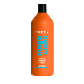 MATRIX front packaging of Mega Sleek conditioner shows professional salon bottle and volume