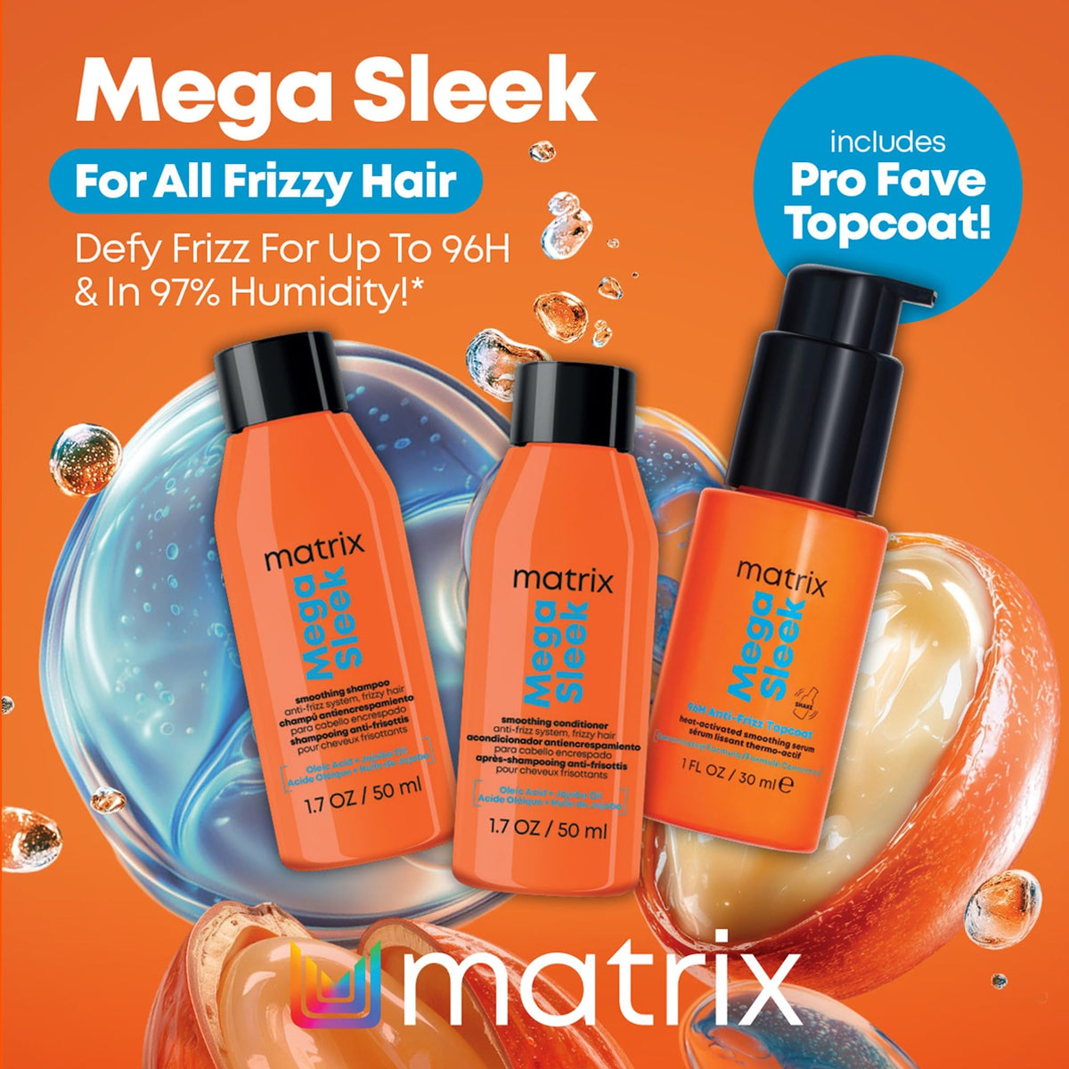 Matrix Mega Sleek shampoo pump close-up demonstrating gentle lathering benefit