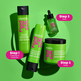 MATRIX shampoo paired with conditioner and oil showing full regimen benefits