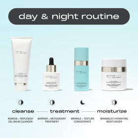 MATTER OF FACT moisturizer on a bathroom shelf in a lifestyle scene suggesting daily routine compatibility