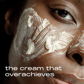 MATTER OF FACT moisturizer on model's face, suggests hydrated refined skin look