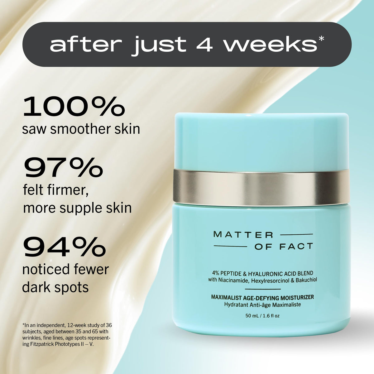 MATTER OF FACT peptides and hyaluronic visual, communicates plumping benefits