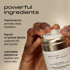 MATTER OF FACT pump dispensing a drop of cream demonstrating lightweight spreadability and fast absorbency