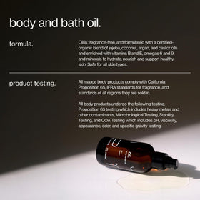 MAUDE bottle beside a bathtub illustrating bath oil usage and relaxation
