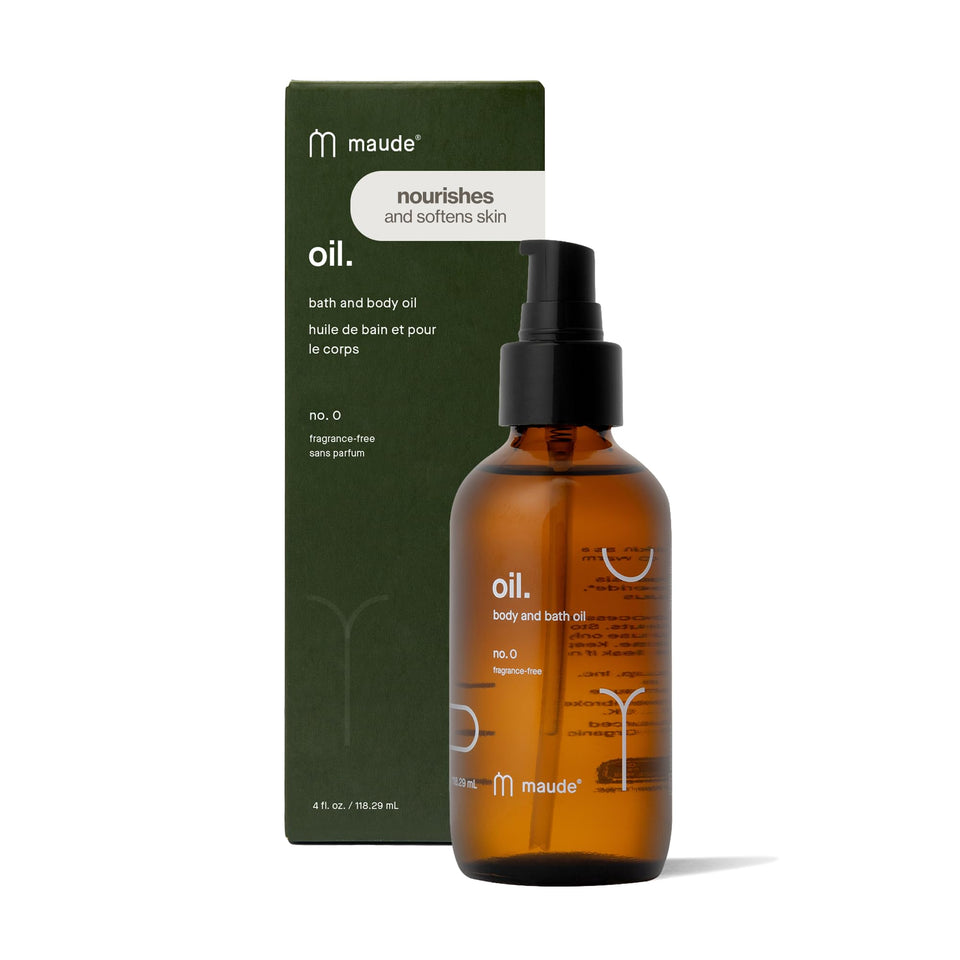MAUDE front bottle view showing minimalist packaging and organic oil benefits
