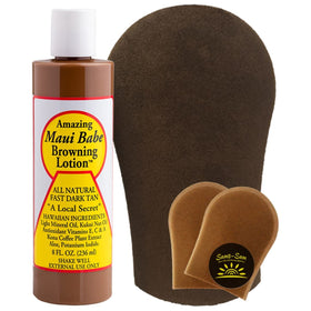 Maui Babe back label ingredients and instructions for safe outdoor tanning