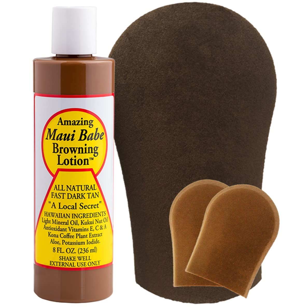 Maui Babe front packaging showing 8oz bottle and included mitts for easy application