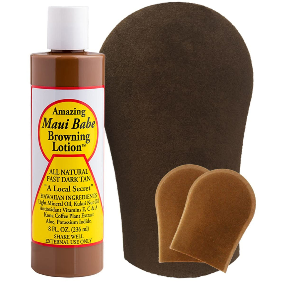 Maui Babe front packaging showing 8oz bottle and included mitts for easy application