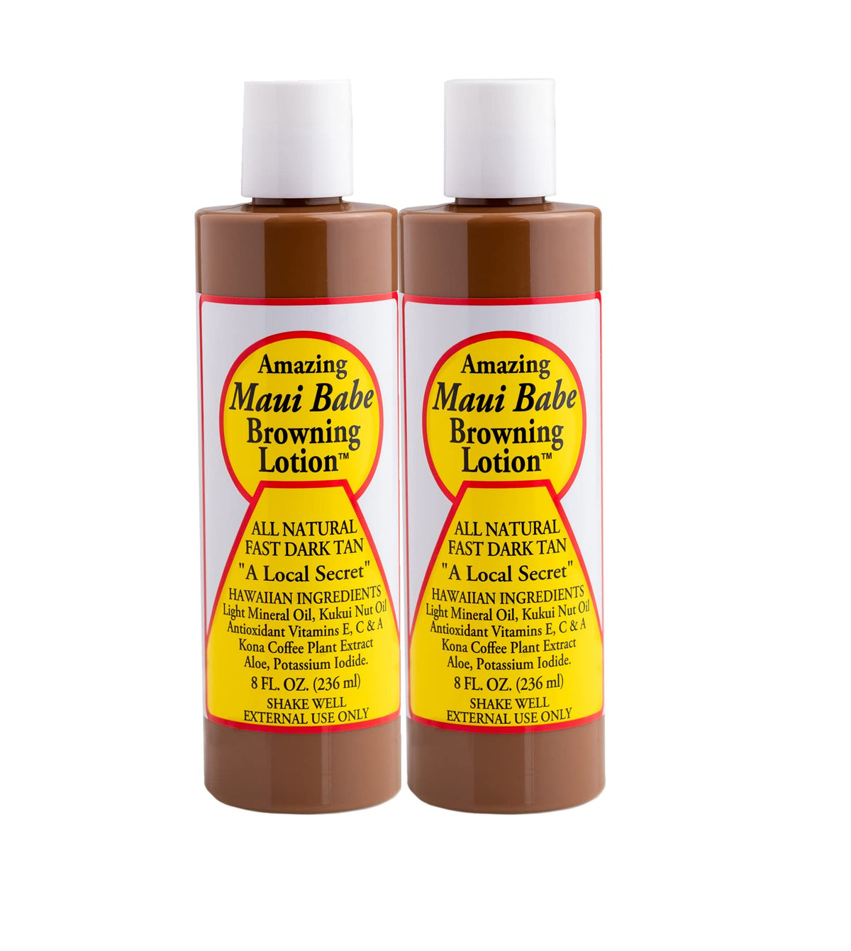 Maui Babe front label on two 8 oz bottles showing product benefits and origin