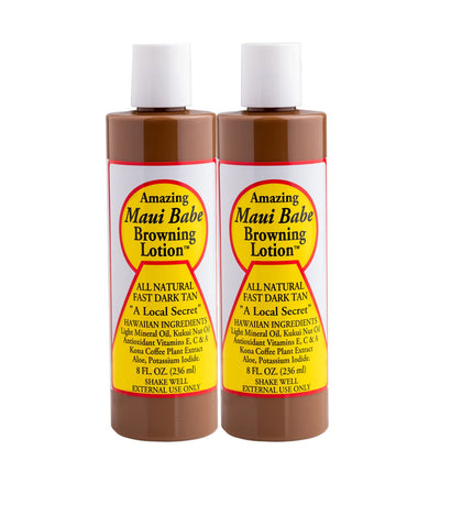 Maui Babe front label on two 8 oz bottles showing product benefits and origin