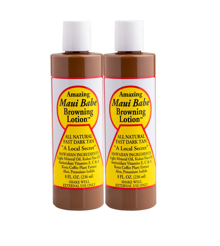 Maui Babe front label on two 8 oz bottles showing product benefits and origin
