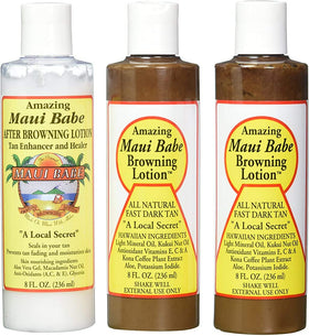 Maui Babe front packaging showing three 8 oz bottles for faster tanning