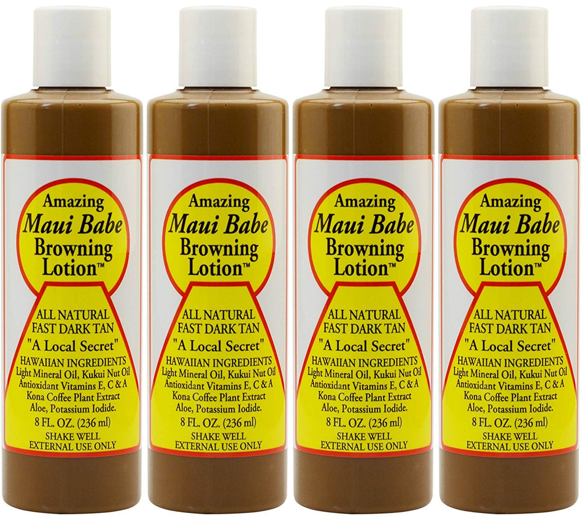 Maui Babe front packaging showing four 8 ounce bottles and product quantity benefit