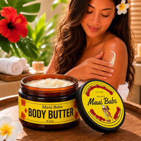 Maui Babe jar with palm leaves suggesting island scent and soothing benefit