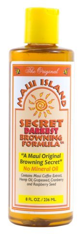 Maui Island Secret bottle in tropical setting conveying Maui origin and moisturizing benefits