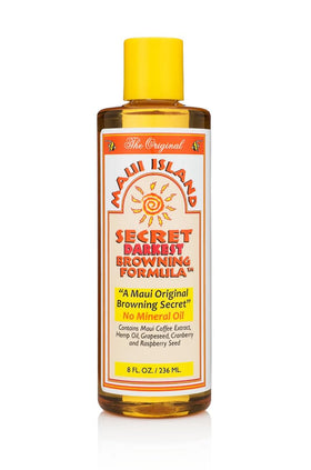 Maui Island Secret front packaging showing 8oz bottle and branding benefit deep tan