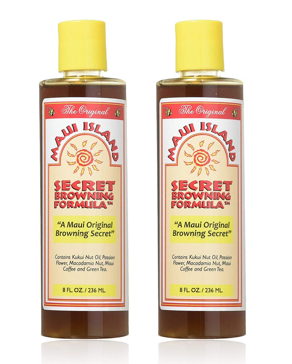 Maui Island Secret front bottle shows tanning oil and faster darker tan