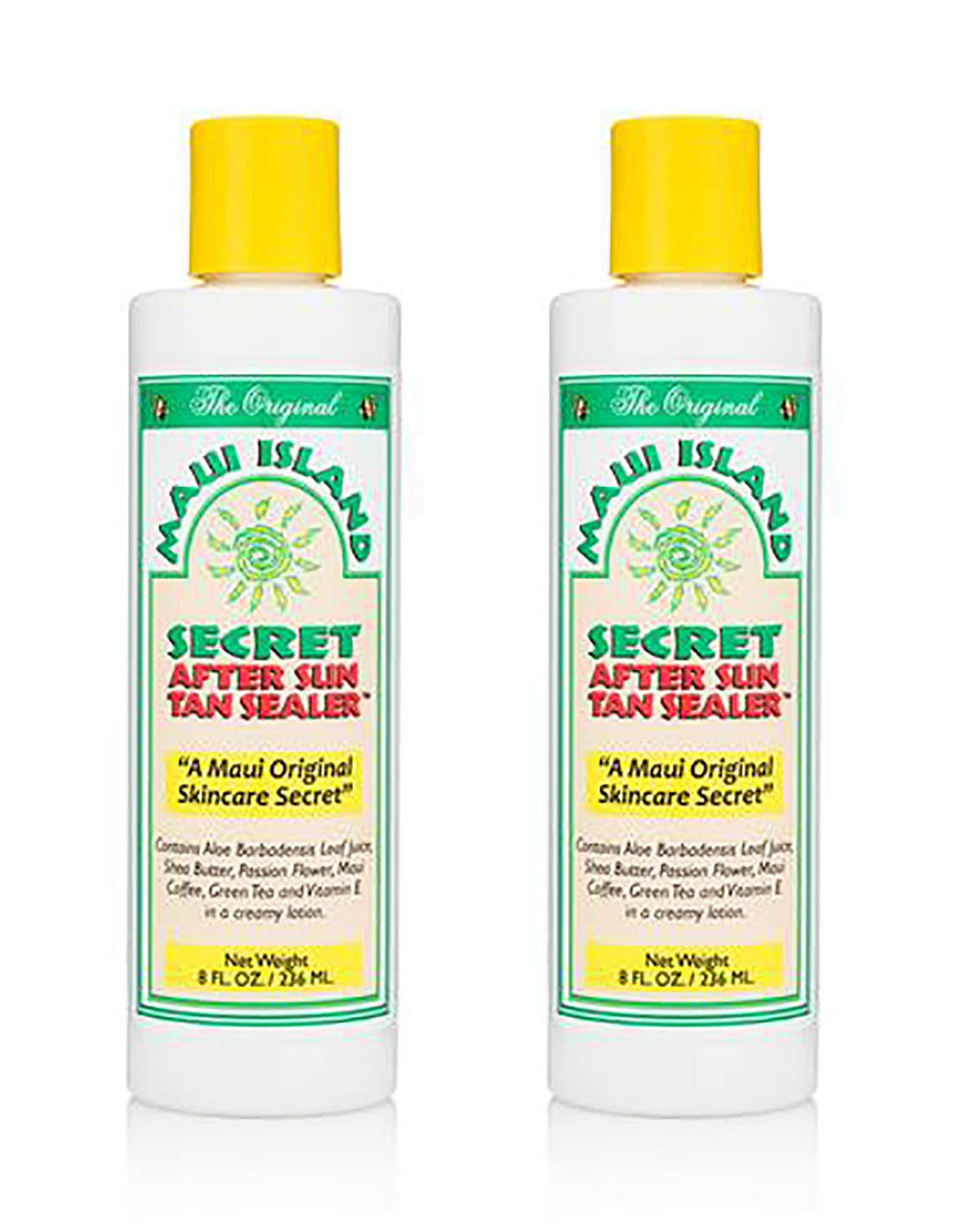 Maui Island Secret front packaging showing two 8 oz bottles and benefits