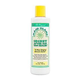 Maui Island Secret front packaging showing 8 oz bottle, soothes and preserves tan