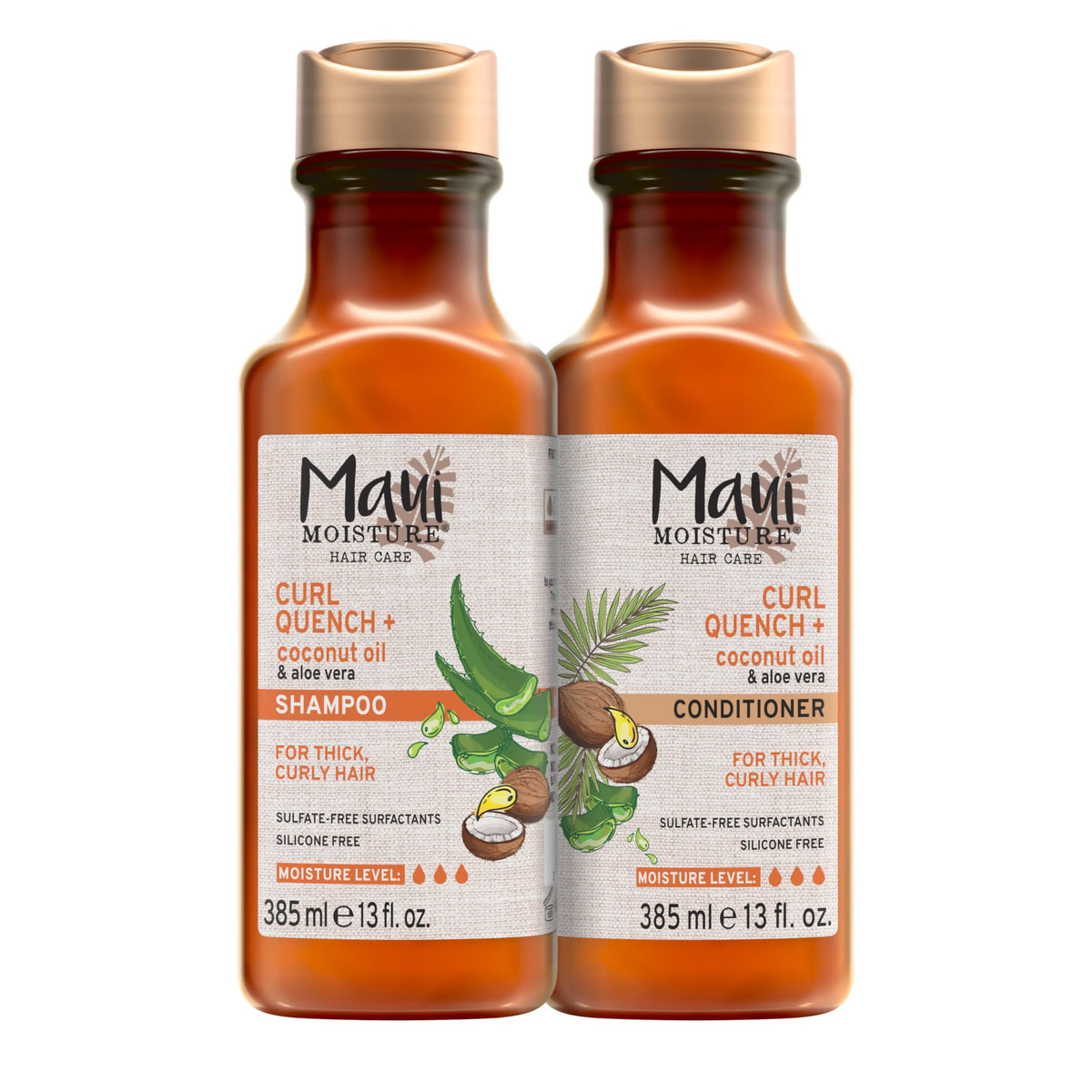 Maui Moisture front packaging of shampoo and conditioner showing duo and benefits