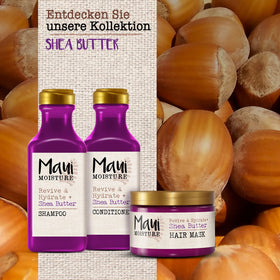 Maui Moisture jar staged on bathroom shelf in lifestyle scene implying daily self-care ritual