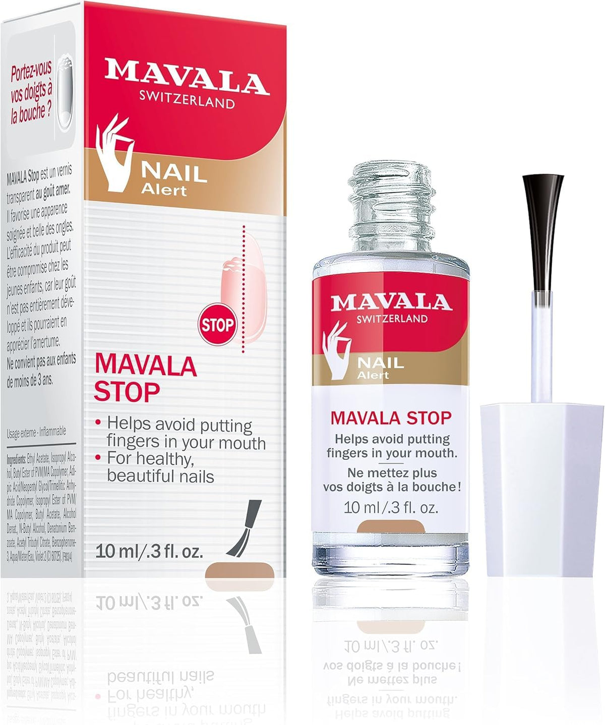 MAVALA front packaging showing clear deterrent polish and benefits