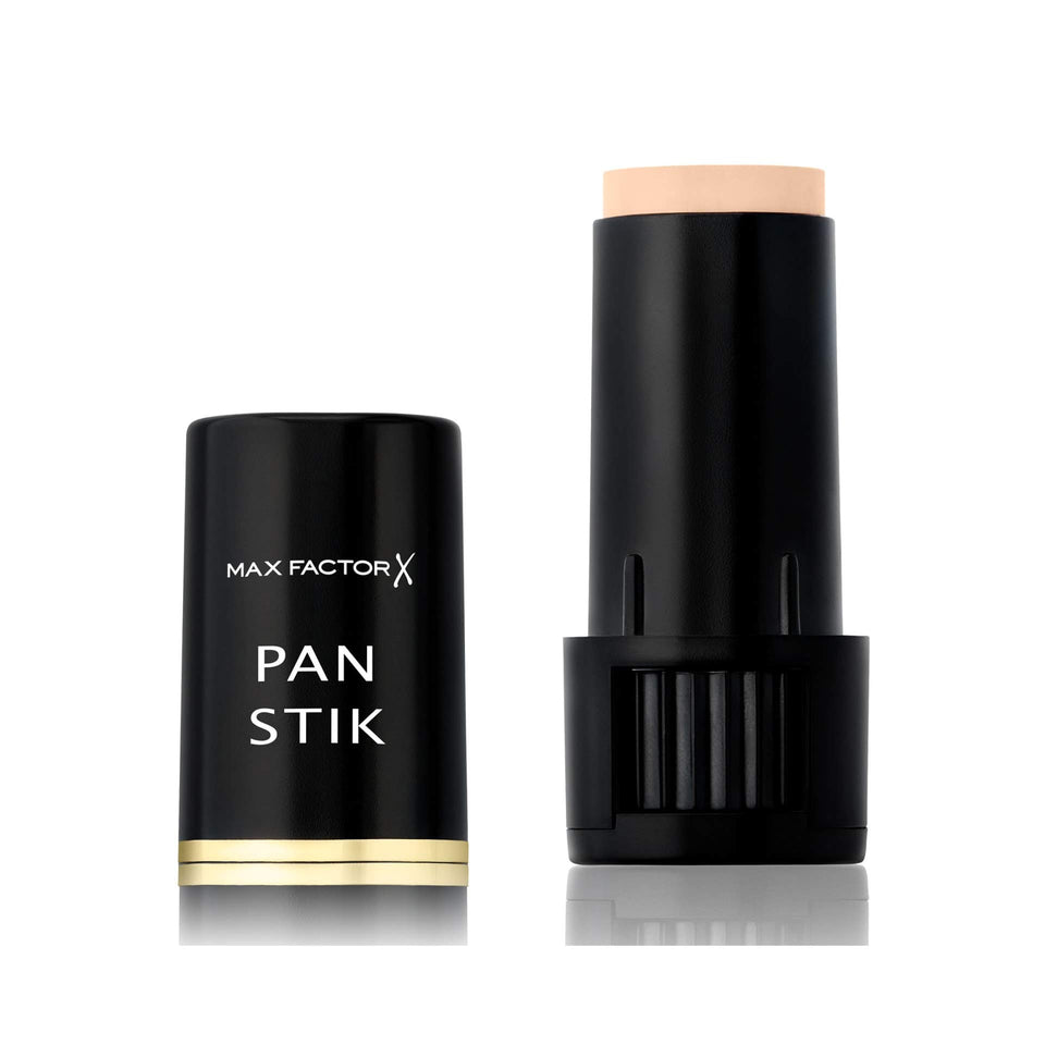 Max Factor Pan Stik front packaging showing three sticks and shade label for easy selection and portability