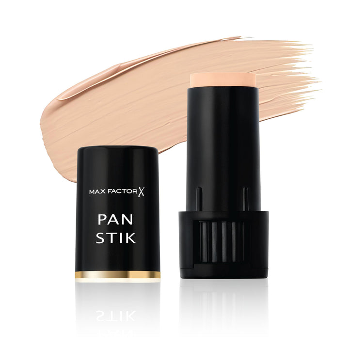 Max Factor Pan Stik front packaging showing shade and twist-up cap, convenient for travel