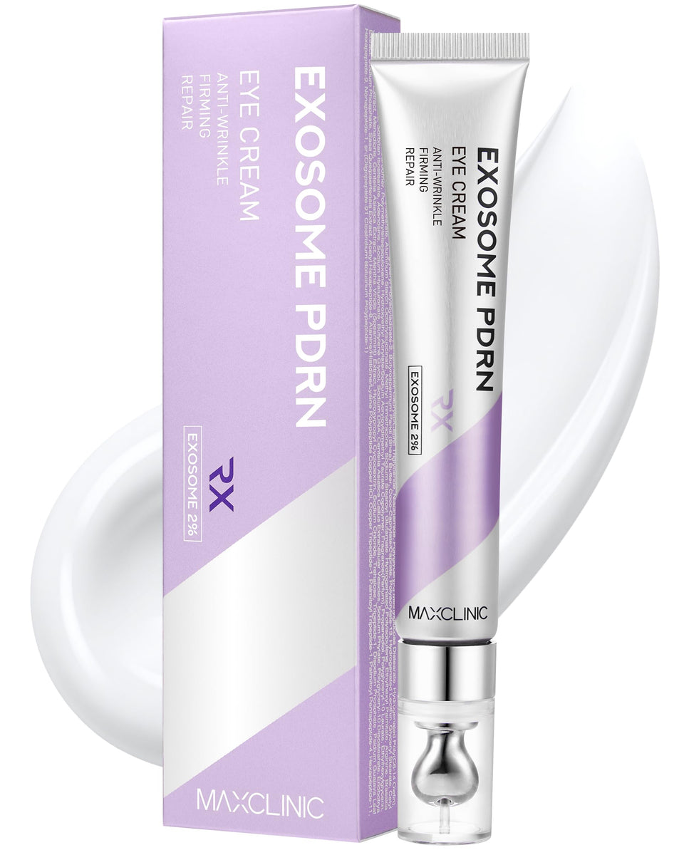 MAXCLINIC front packaging of Exosome PDRN Eye Cream shows product and benefit of targeted C-zone care
