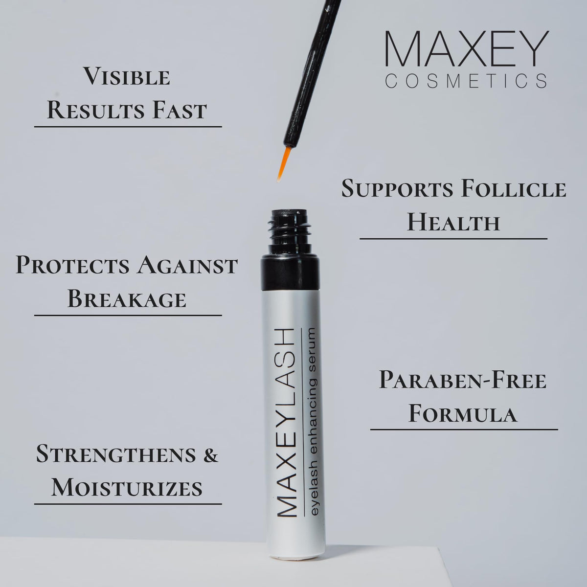 Maxey Cosmetics bottle next to coin showing 3.5 mL size and travelable benefit