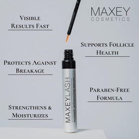 Maxey Cosmetics bottle next to coin showing 3.5 mL size and travelable benefit