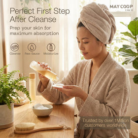 MAY COOP lifestyle bathroom scene showing toner in daily skincare routine