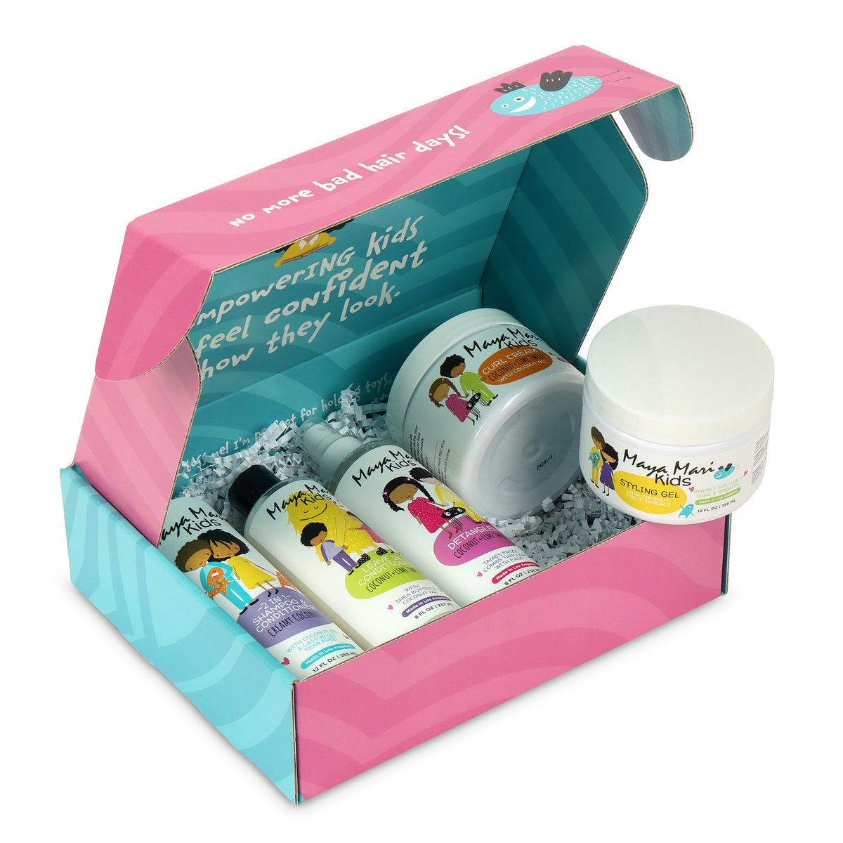 MAYA MARI products on bathroom counter with child caregiver styling hair for quick school-ready benefit