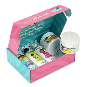 MAYA MARI products on bathroom counter with child caregiver styling hair for quick school-ready benefit