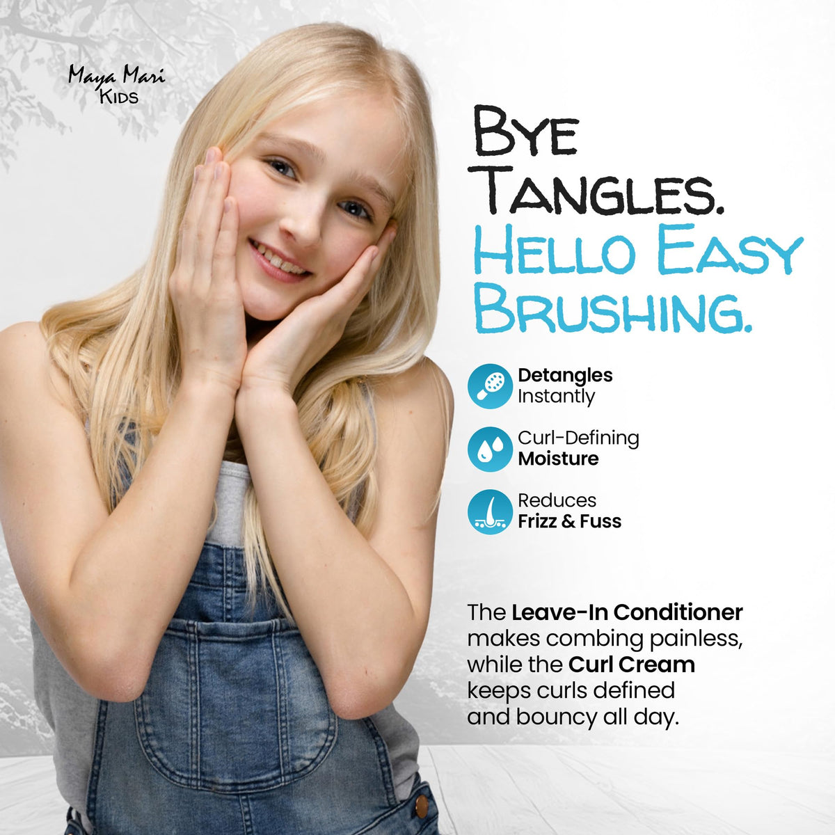 MAYA MARI leave-in spray in hand demonstrating easy application and detangling