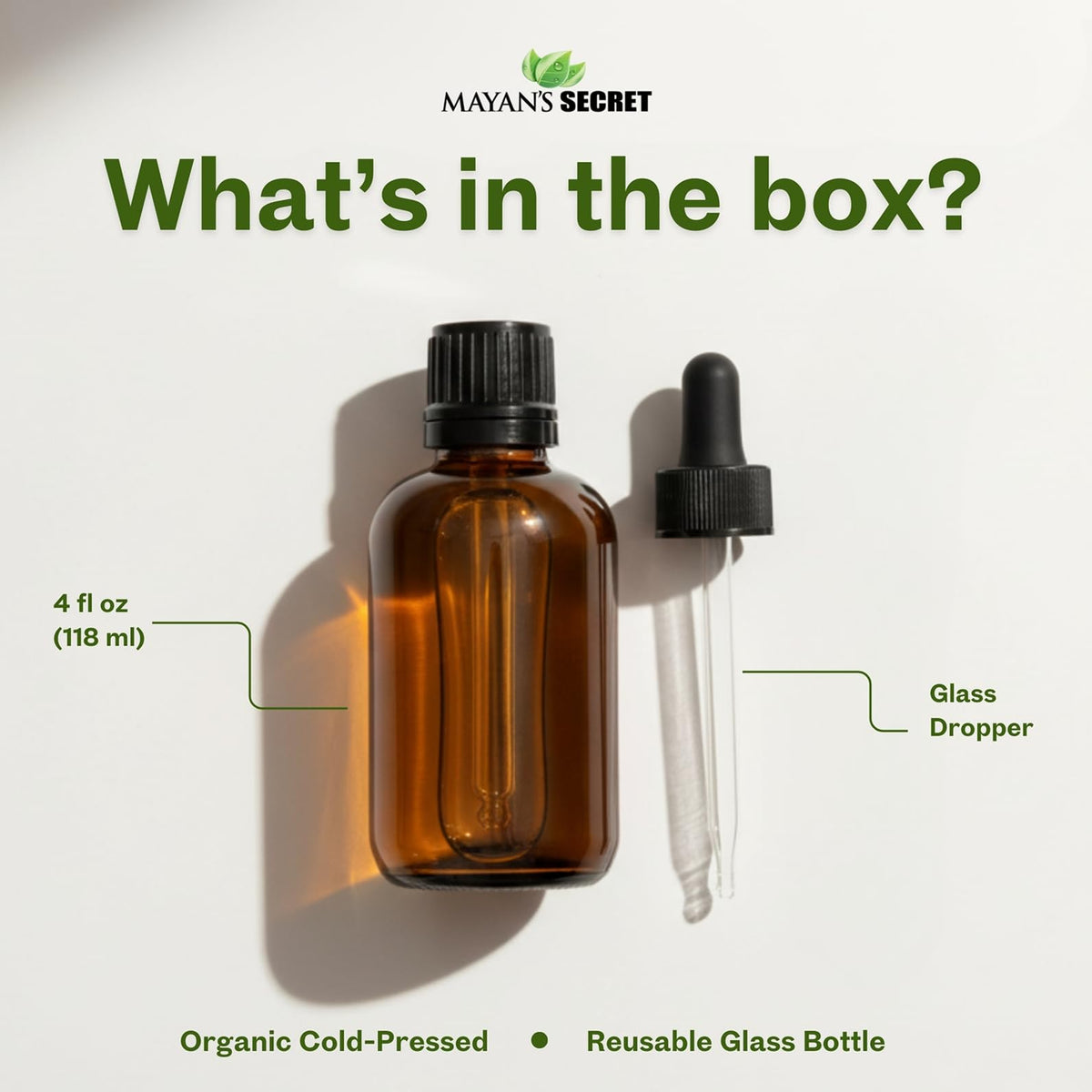 Mayan's Secret dropper dispensing oil for precise, mess-free application benefit