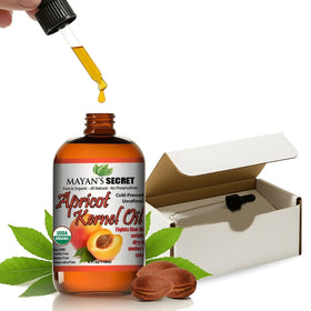 Mayan's Secret front bottle shows organic apricot oil and branding, preserves potency