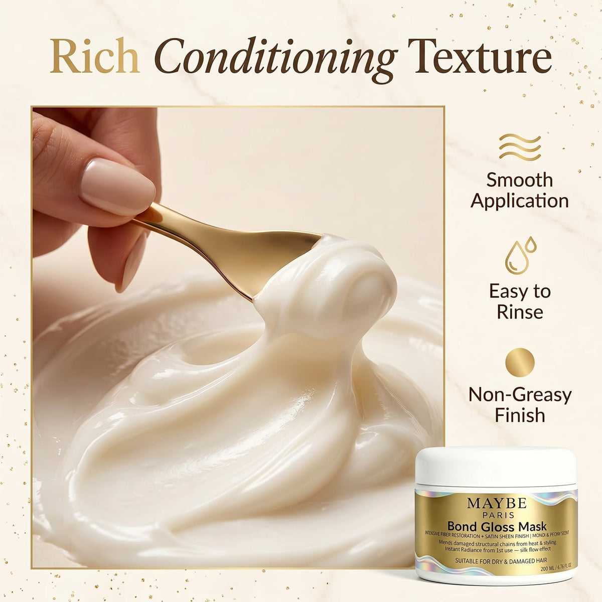 Maybe Paris mask applied to hair in salon demonstrating frizz control and shine