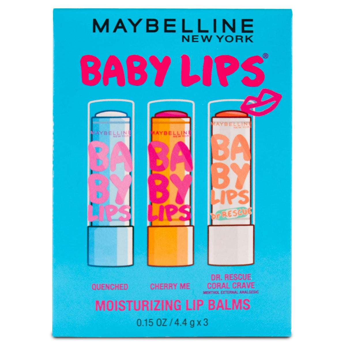 Maybelline Baby Lips 3-pack front packaging showing three tubes for easy selection and hydration