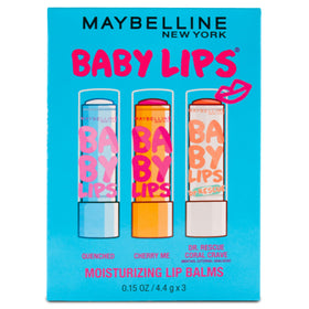 Maybelline Baby Lips 3-pack front packaging showing three tubes for easy selection and hydration