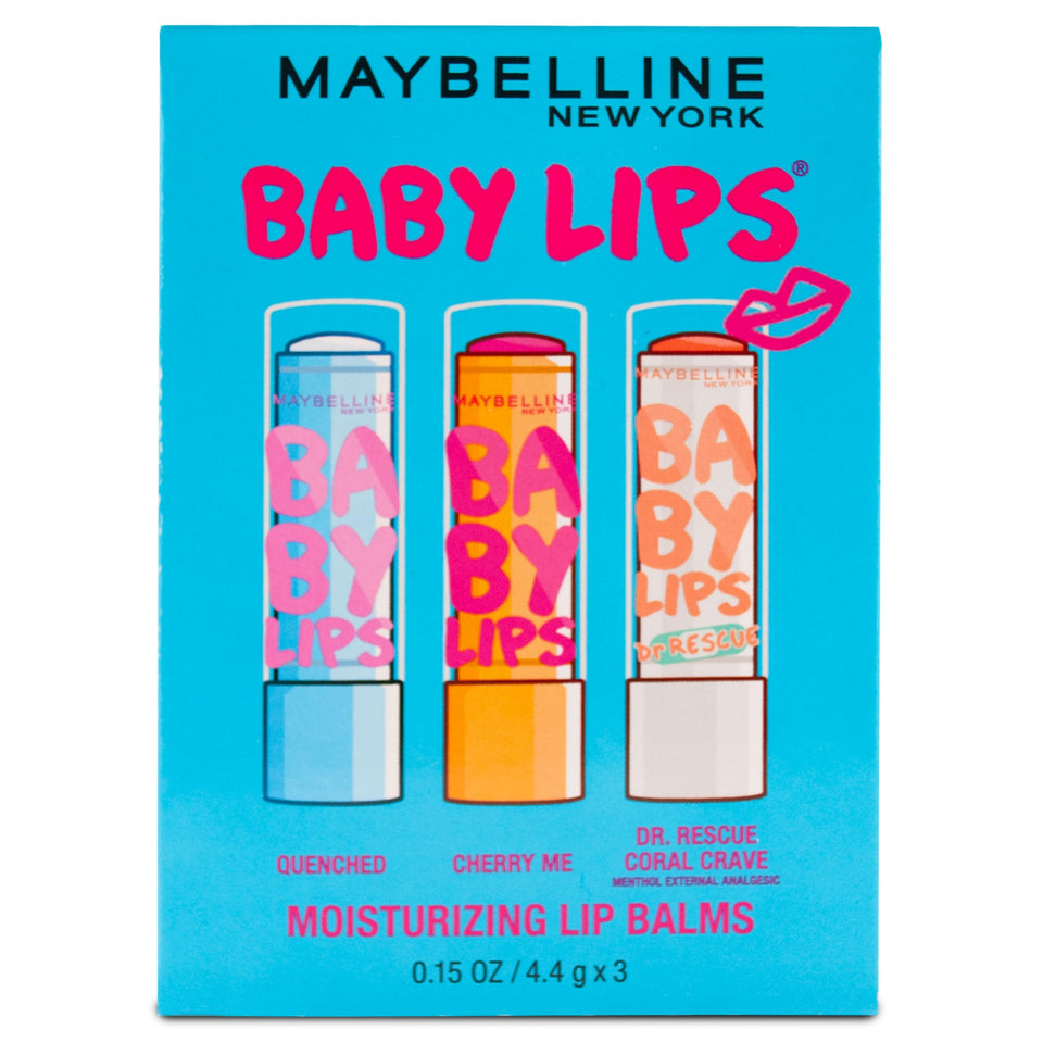 Maybelline Baby Lips 3-pack front packaging showing three tubes for easy selection and hydration