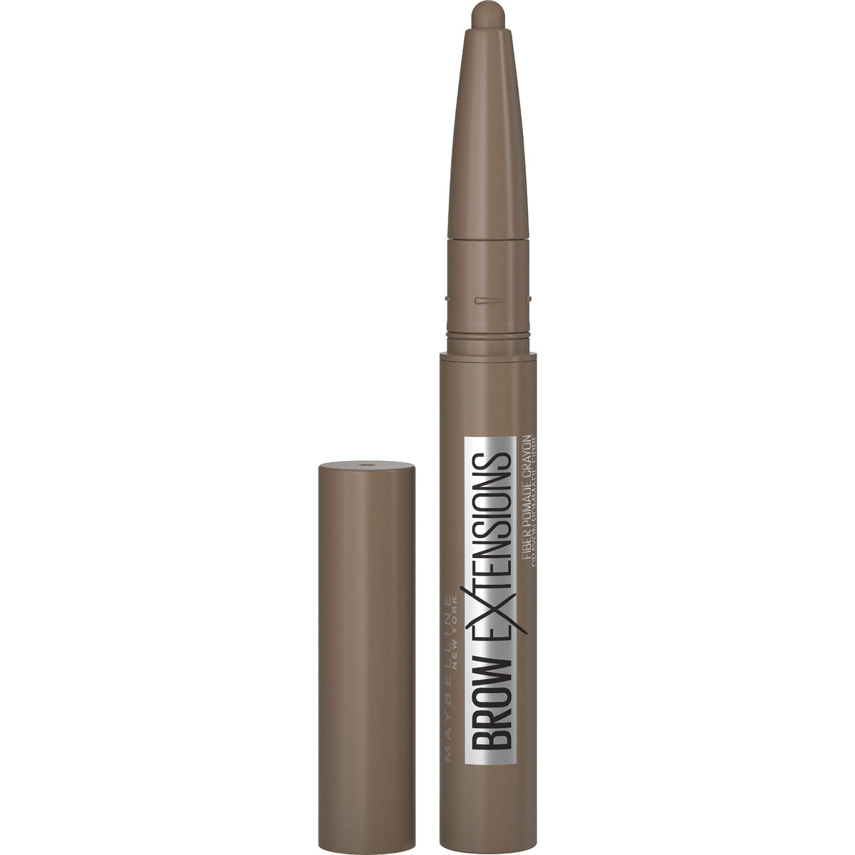 MAYBELLINE front packaging of Brow Extensions pomade crayon showing product benefit