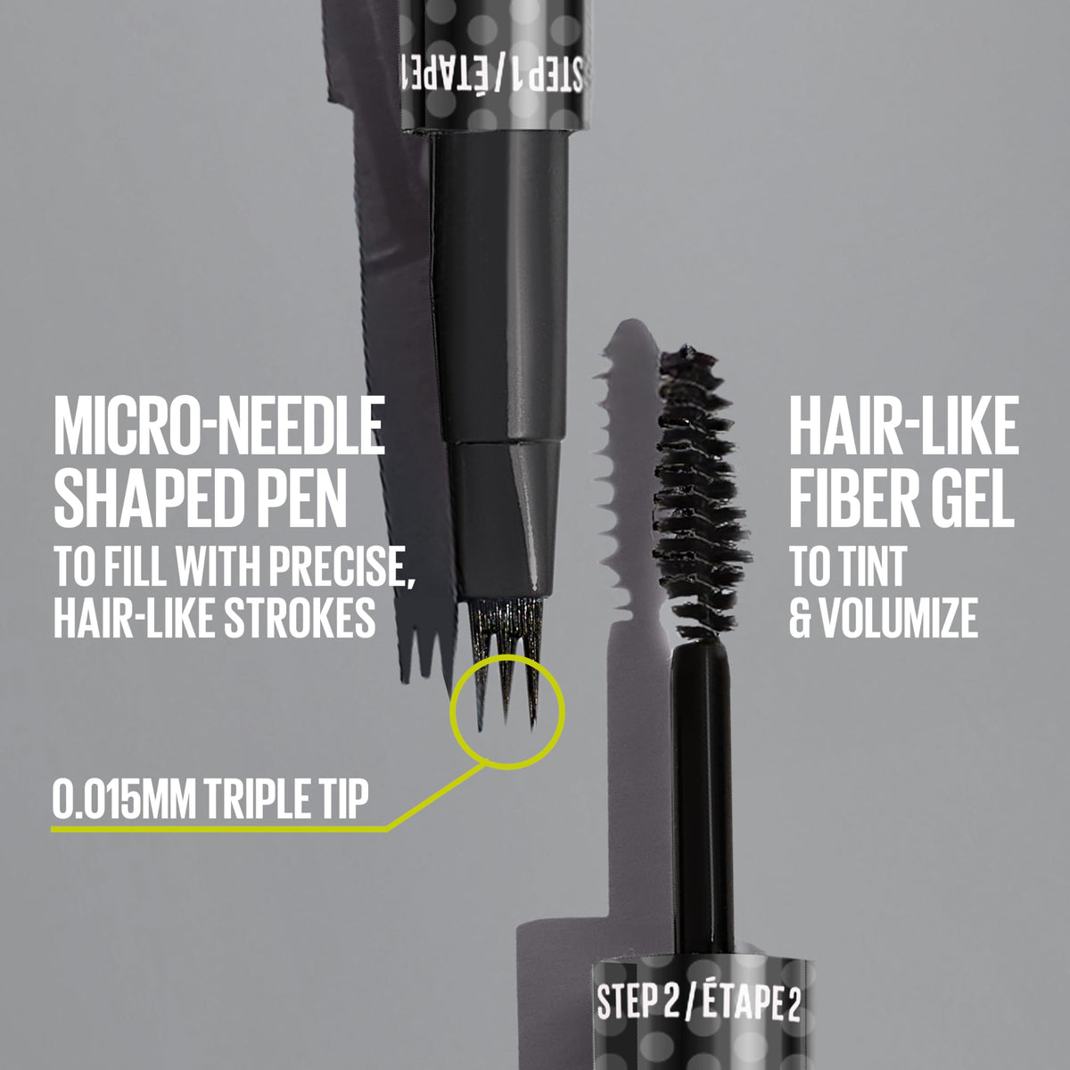 MAYBELLINE macro view of the micro-needle tip highlighting fine hair-like stroke capability