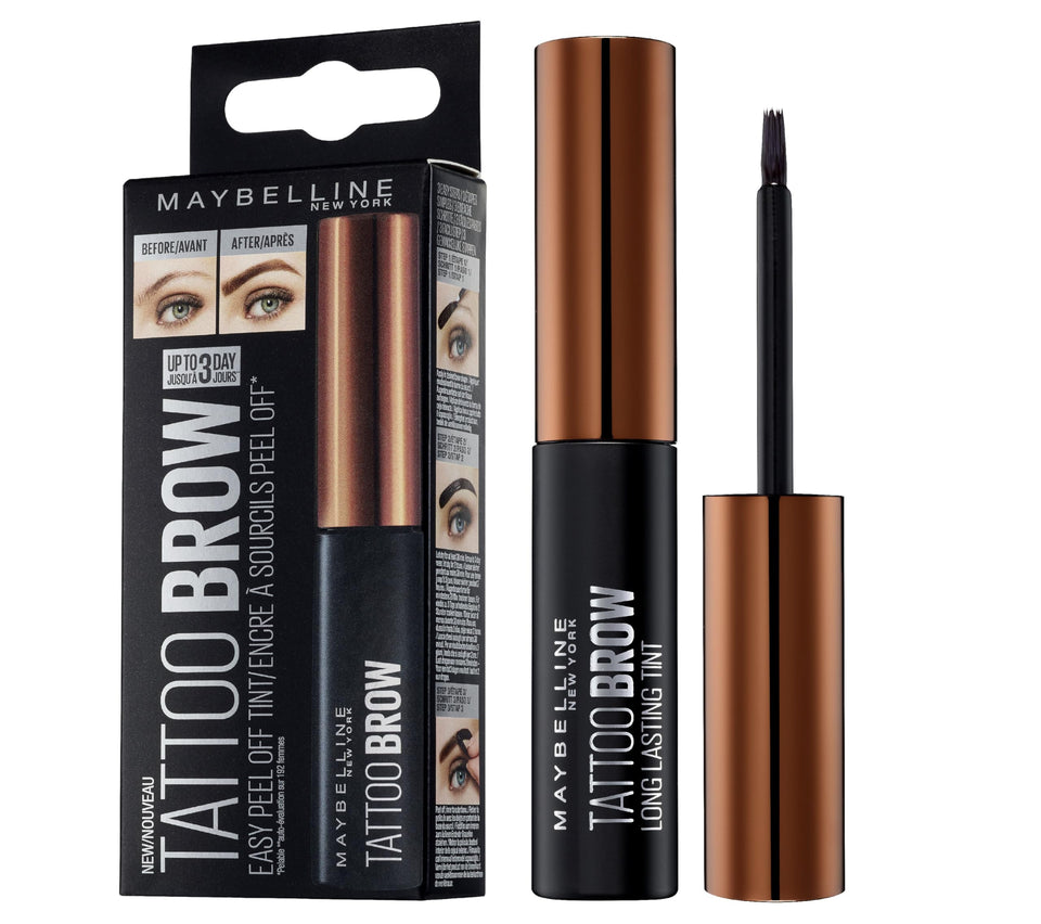 Maybelline Brow Tattoo front packaging showing product and shade benefits