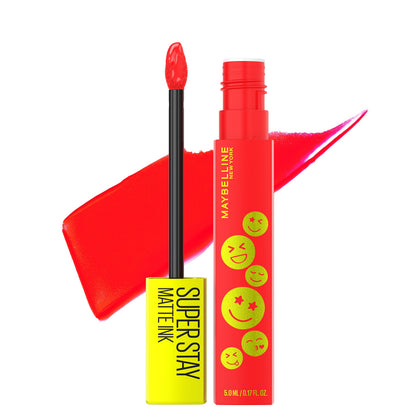 MAYBELLINE front packaging showing bright red shade and benefits