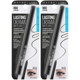 Maybelline Eyestudio front packaging showing the dual Jet Black gel pencils and benefit of long-lasting matte color