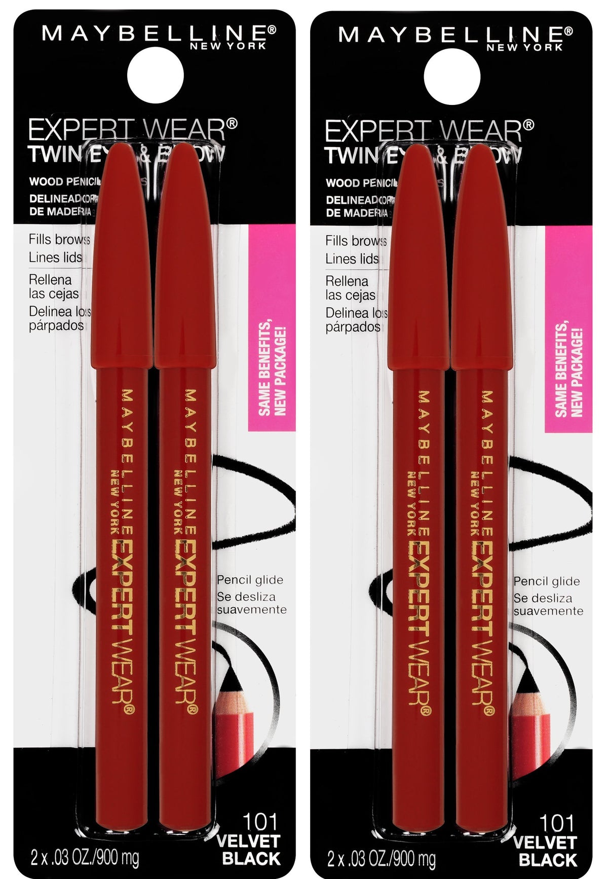 Maybelline front packaging showing Velvet Black pencils and pack benefit